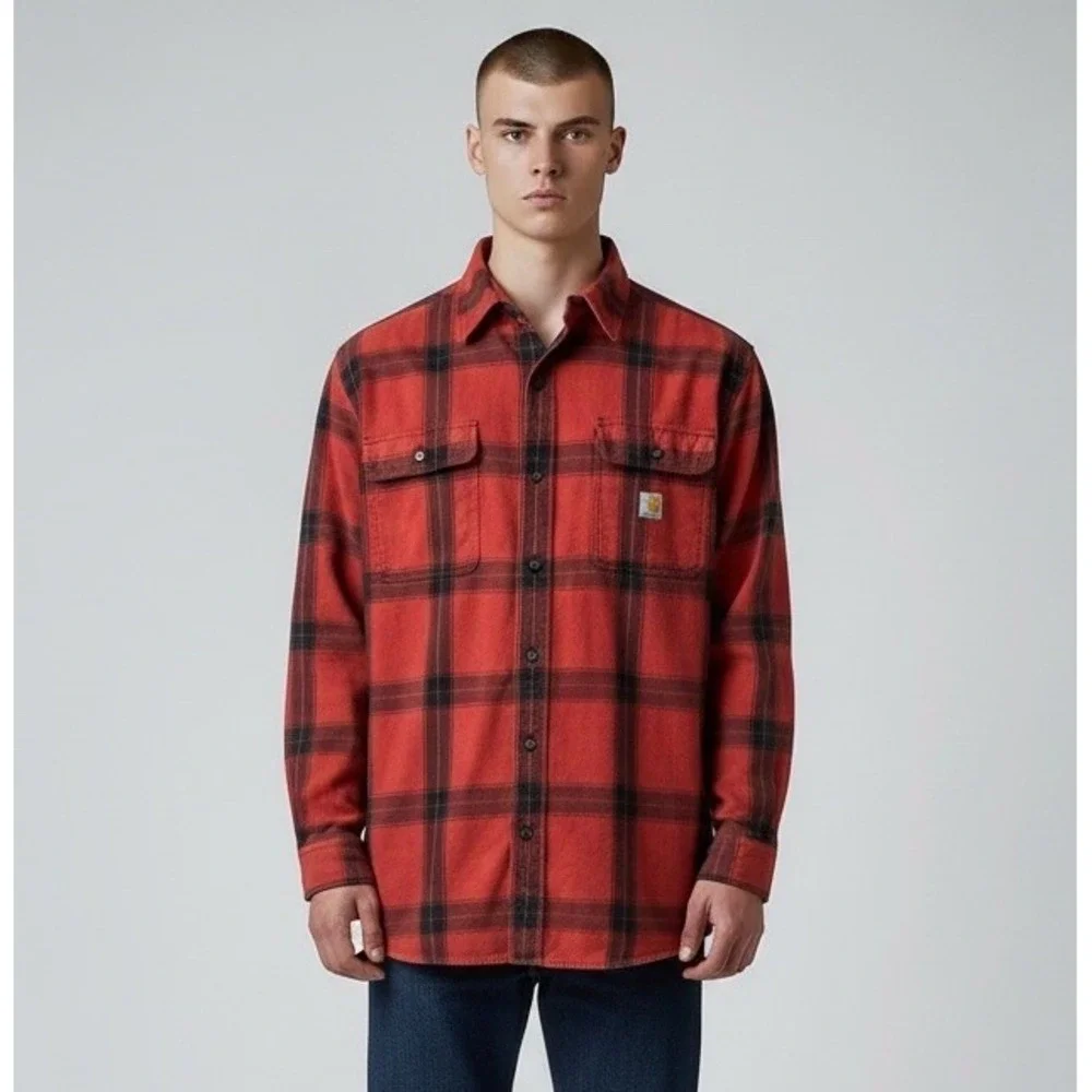 CARHARTT Loose Fit Heavyweight Flannel Red Plaid Long Sleeve‎ Shirt 105439 Large